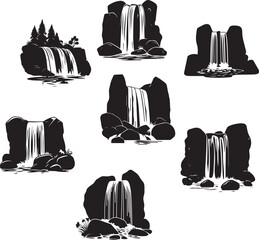 Silhouette of waterfall surrounded by large boulders vector silhouette © Nazia