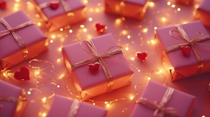 Fototapeta premium Colorful Gift Boxes with Hearts and Twinkling Fairy Lights Background