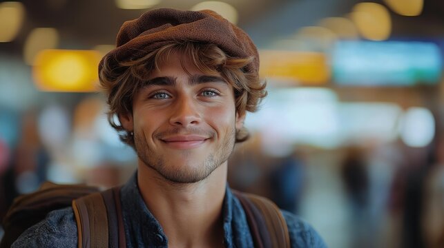 Young Smiling Man with Stylish Hat in Airport Setting