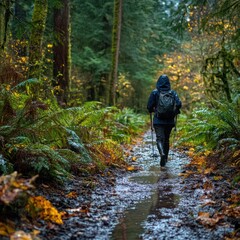 Obraz premium Climbing on a rainy day, a climber wears a rain jacket.