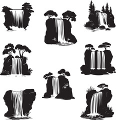 Silhouette set of waterfall with rocks and river at the base forest vector silhouette