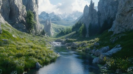 Serene Mountain Valley with Lush Greenery and Clear Stream