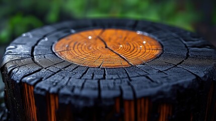 Close-Up View of a Charred Wood Log with Water Droplets