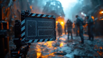 Film Studio Scene with Clapperboard Crew Working on Spaceship Set Behind the Scenes of Advertisement Production