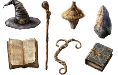 a collection of magical objects including a witch's hat. a wooden staff. a broom. a rock. a book. and a vine