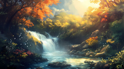 Obraz premium Fantasy land and beautiful nature. Rivulet. Illustration