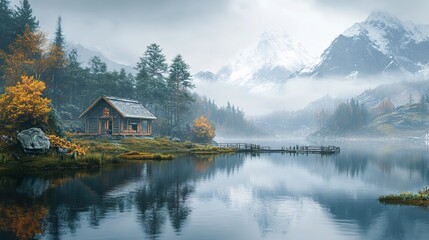Obraz premium Secluded Cabin by a Misty Lake in the Mountains
