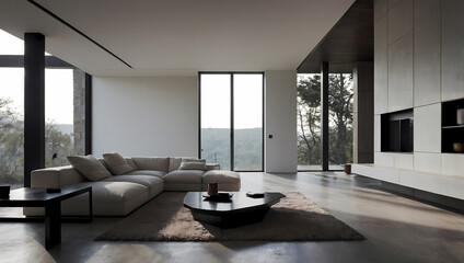 Modern Living Room Interior with Sectional Sofa and Panoramic Windows