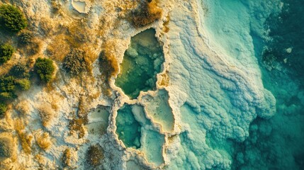 Naklejka premium Aerial view of vibrant mineral pools with varied colors and textures in a natural landscape.