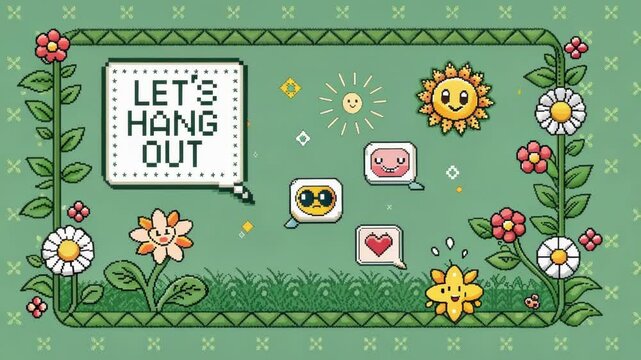 Pixelated Friend Invitation A whimsical chat box with a green background framed with pixel art border flowers and sunshine. Messages pop up as tiny bubbles filled with messages