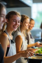 Young adults engaged in cooking class preparing fresh meals together in a bright kitchen. Generative AI