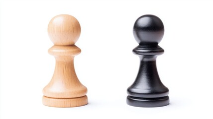 Two chess pawns, one wooden and one black, sit opposite each other, representing contrasting strategies in the game of chess.