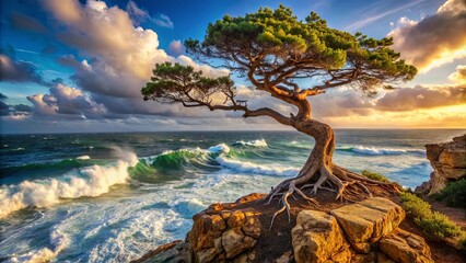 Fototapeta premium A solitary tree clinging to a rocky cliff, its branches outstretched towards the crashing waves of a stormy sea, bathed in the golden light of a dramatic sunrise.