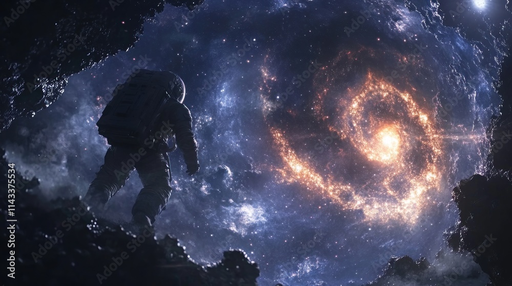 Poster an astronaut gazes at a swirling galaxy, capturing the wonder of space exploration.