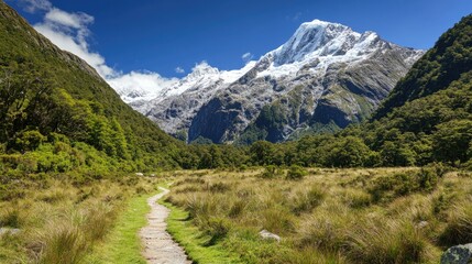Naklejka premium Scenic Mountain Landscape with Clear Sky and Rocky Pathway