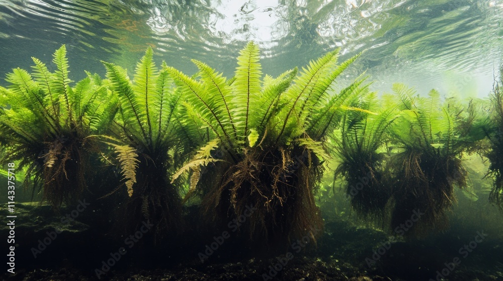 Sticker Submerged Ferns in a Tranquil Underwater Scene