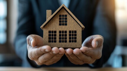 A person holds a wooden house model in their hands, symbolizing home ownership, real estate, and the importance of a personal space.