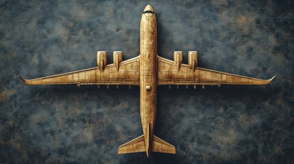 Wooden airplane model, top view, on a dark textured surface.