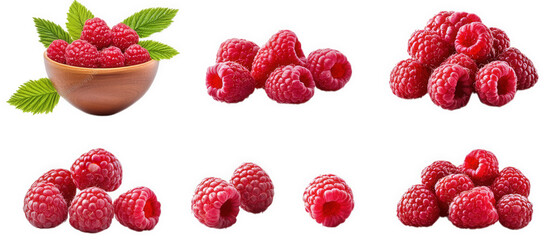 a collection of six of ripe raspberries in various arrangements against a transparent background some of the raspberries are in a wooden bowl with green leaves