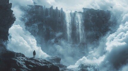 Fototapeta premium Solitary Figure at Majestic Waterfall and Ancient Ruins