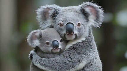 Fototapeta premium Adorable koala mother tenderly embracing her joey.