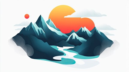 Serene Sunset Landscape: Mountains, River, and Sky