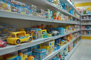 Naklejka premium Colorful Shelves of Toys in a Retail Store Aisle for Children