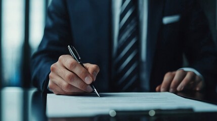 A well-dressed individual signs a document, showcasing professionalism and attention to detail in a corporate environment.