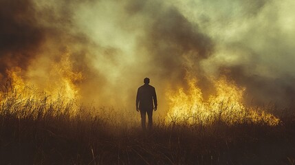 Fototapeta premium Man Facing Wildfire: Environmental Disaster