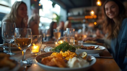 Diverse group enjoying gourmet meal with delicious dishes and warm ambiance.
