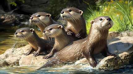 Obraz premium A family of otters playing along a riverbank, fur slick with water. Rivulet. Illustration