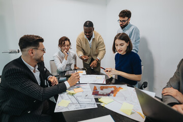 A diverse group of business associates engages in a collaborative discussion, analyzing a project...