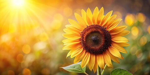 Fototapeta premium A single sunflower basking in the warm glow of the setting sun, petals outstretched towards the radiant sky, its center a captivating tapestry of rich brown and golden hues.