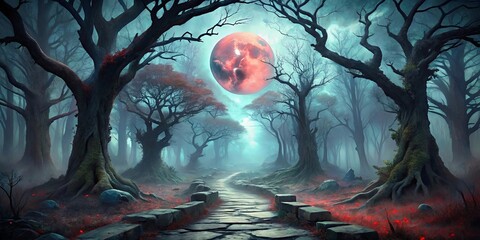 Obraz premium A Stone Path Winds Through a Mystical Forest Bathed in Eerie Blue Mist, Illuminated by a Giant Crimson Moon