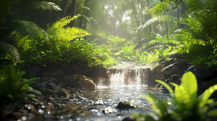 A photorealistic, hyperrealistic image of a tranquil forest with a bubbling brook. the brook is surrounded by lush, green. Rivulet. Illustration