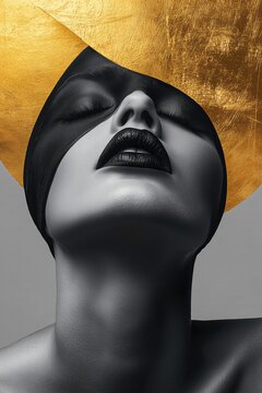 Abstract Portrait of a Woman with Gold Accents, Bold Black Lips, and Grayscale Modern Aesthetic