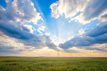 Obraz premium Hopeful Landscape with Rays of Light Breaking Through Clouds