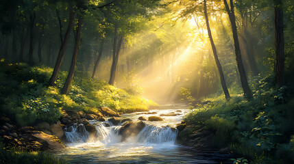 Obraz premium A serene forest scene with a babbling brook flowing through a lush, green landscape. sunbeams filter through the trees, casting a warm glow. Rivulet. Illustration