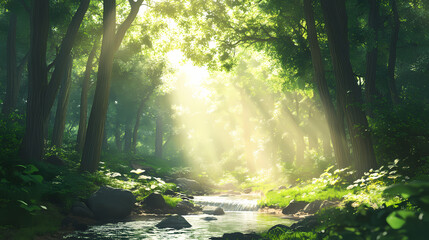 Obraz premium A serene forest scene with a babbling brook flowing through a lush, green landscape. sunbeams filter through the trees, casting a warm glow. Rivulet. Illustration