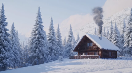 Naklejka premium Cozy Wooden Cabin in a Snowy Winter Forest with Smoke from the Chimney
