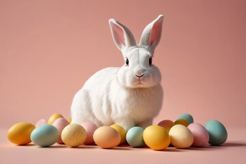 Fototapeta premium there is a white rabbit sitting among a pile of colored eggs