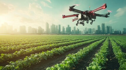 Drone Spraying Crops in a Cityscape Setting