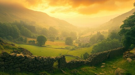 Obraz premium Serene Sunset Over Rolling Hills and Stone Wall in Countryside Landscape