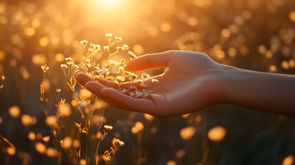 A delicate hand cradling tiny white flowers in a warm golden field.