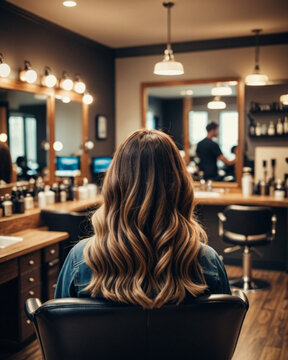 Mujer sentada en una peluquer&iacute;a con el pelo largo ondulado y con mechas