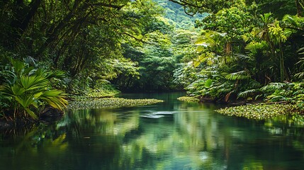 Serene Tropical River in Lush Rainforest. Nature, tranquility, and wilderness.