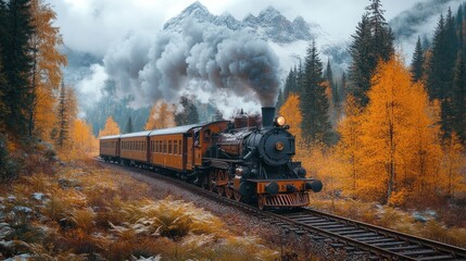 Obraz premium Steam train chugs through autumnal mountain forest.