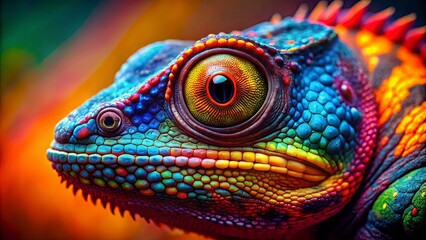 Naklejka premium A close-up portrait of a brightly colored lizard, its intricate scales shimmering with a rainbow of hues, its large, captivating eye reflecting the vibrant world around it.
