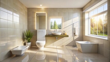 Modern bathroom interior design featuring a large window, a bathtub, a toilet, and a sink, showcasing a minimalist aesthetic and natural light streaming in.
