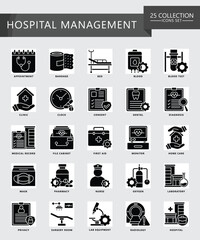 Hospital management glyph icons set. contain calendar, appointment, doctor, nurse, diagnostic, lab, clinic and more. Vector EPS 10 for print, digital UI, UX kit, web and app for business management.